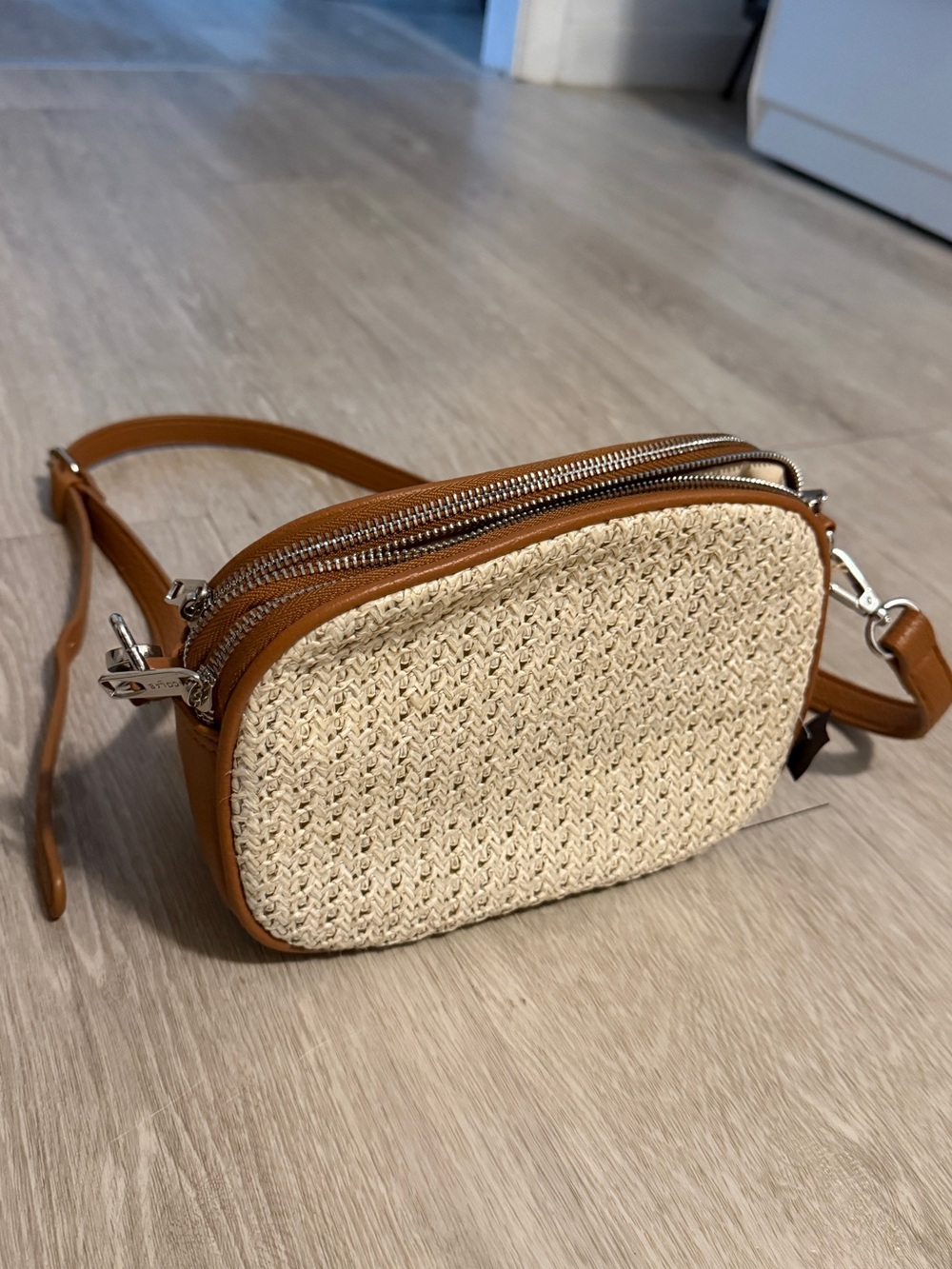 Woven Straw Crossbody Bag with Tan Trim